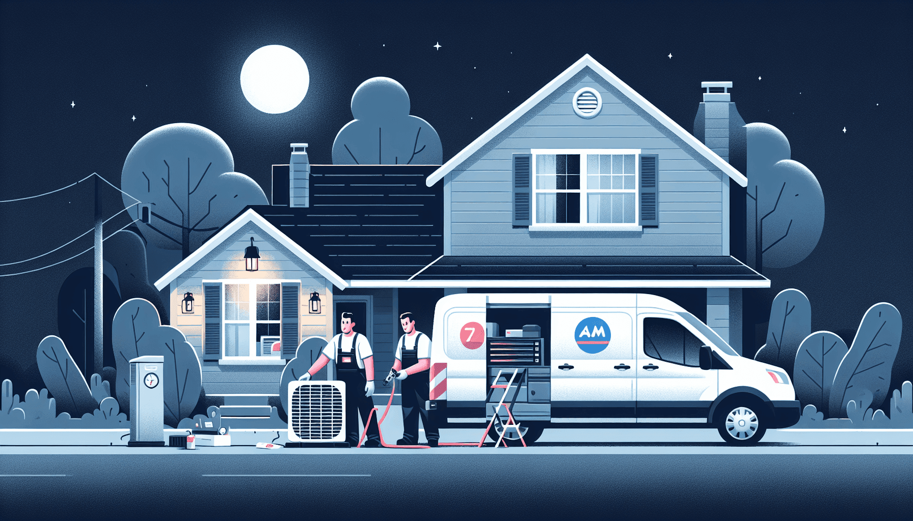 Technician providing emergency HVAC service at night