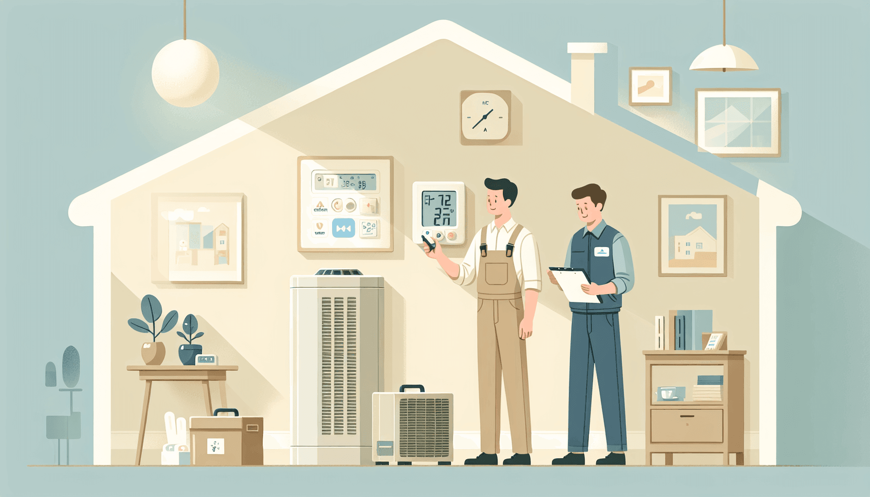 Homeowner checking HVAC thermostat and fuse box