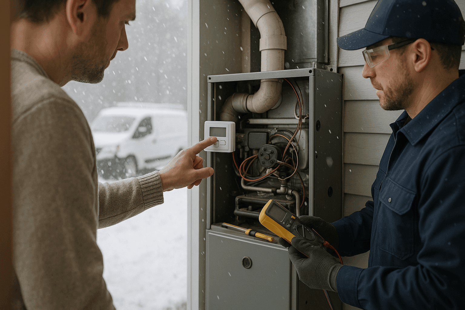 Technician assisting homeowner with furnace thermostat check during winter